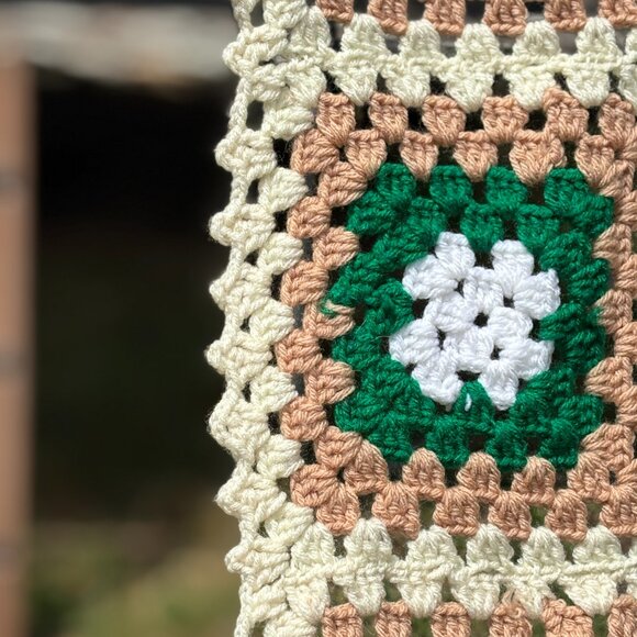 Vintage Granny Square Crochet Throw Blanket Green Beige Afghan Lap Sofa Blanket - Picture 4 of 8